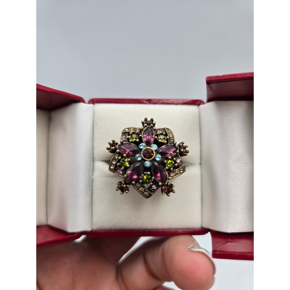 Heidi Daus Floral Cocktail Ring Women SZ 12 Multi-Color Excellent Crystal Bronze